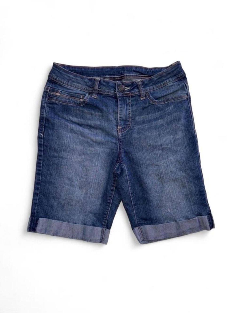 Faded Glory Women's Bermuda Denim Shorts Size 6 Blue Mid-Wash Cuffed Stretch